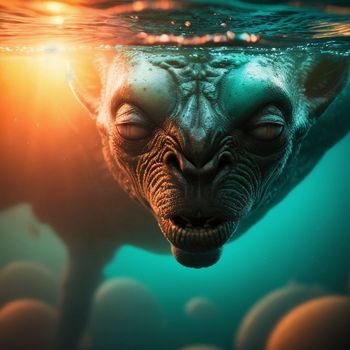 an alien creature swimming under water with its head above the water's surface