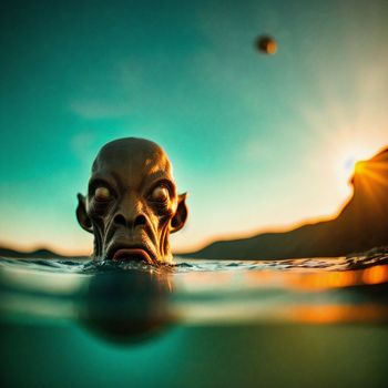 strange looking creature in the water with the sun in the background