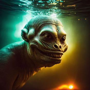 creepy creature is submerged in water with his head above the water