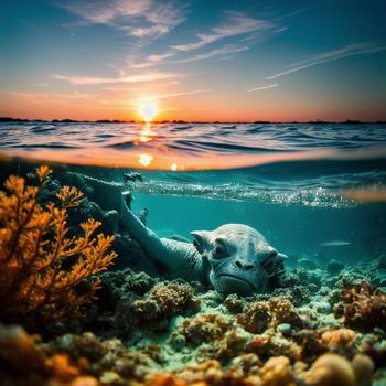 an underwater view of a sea creature in the ocean at sunset, with the sun in the background