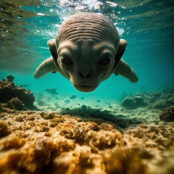 an alien looking creature swimming in the ocean water with corals around it