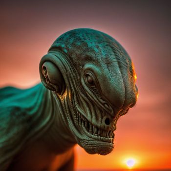 close up of a statue of a creature with a sunset in the background