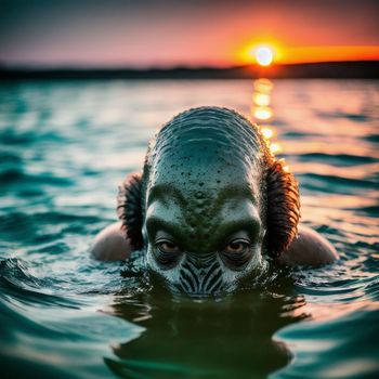 creature in the water at sunset with his head above the water