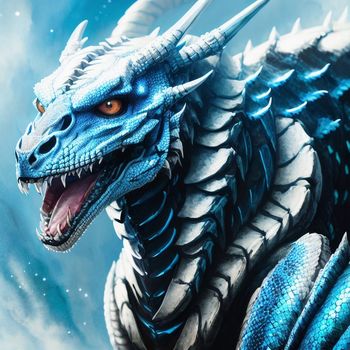 close up of a blue and white dragon with its mouth open