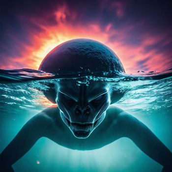 an alien is submerged in the water with a sun in the background