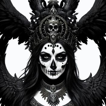 black and white photo of a woman with skull makeup and wings