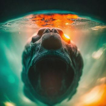 close up of an animal's face under water with its mouth open