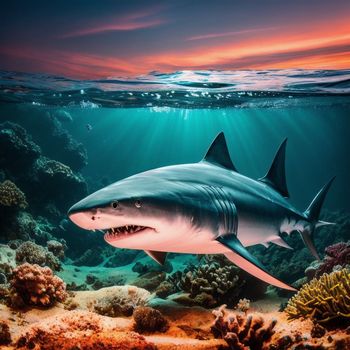 shark swimming over a coral reef under the ocean at sunset with a colorful sky in the background