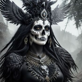 woman with black makeup and a skull headdress with large black wings