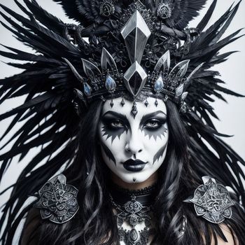 woman with black and white makeup and feathers on her head and face