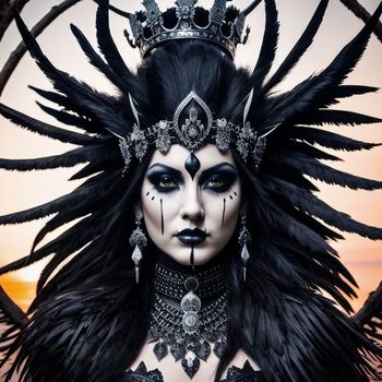 woman with black makeup and feathers on her head wearing a crown