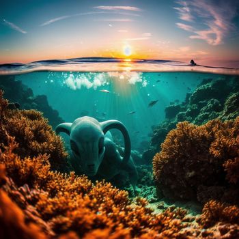 an underwater view of an animal in the ocean with a sunset in the background