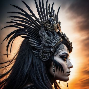 woman with black makeup and feathers on her head wearing a headdress