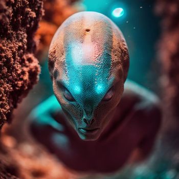 close up of an alien's head with glowing eyes in a coral reef
