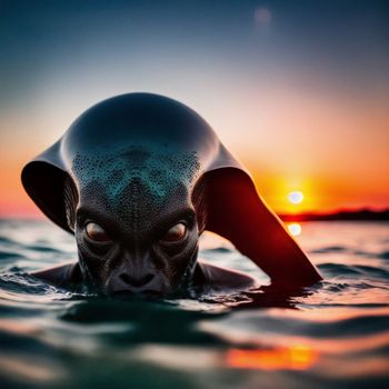 strange looking creature in the water with the sun in the background