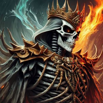 skeleton with a crown on his head wearing a robe and flames