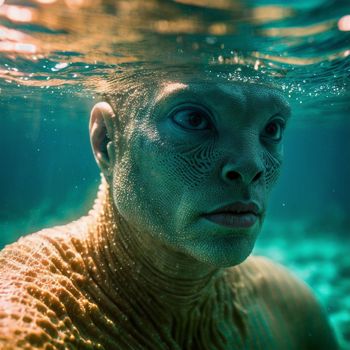 close up of a man under water with his head above the water