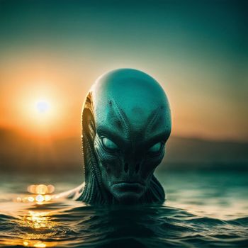 an alien in the water with the sun in the sky in the background