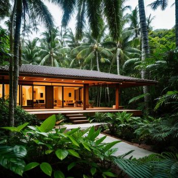 house in the middle of a jungle with lots of palm trees