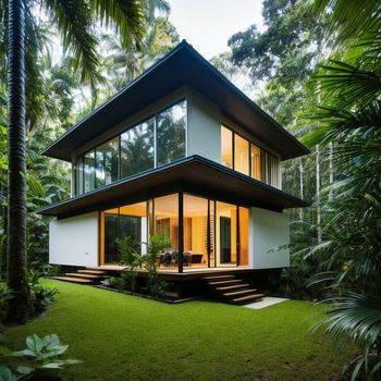 modern house sitting in the middle of a lush green forest filled with trees