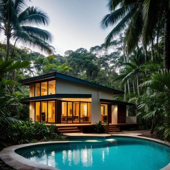 house in the middle of a jungle with a pool in front of it