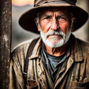 man with a hat and a beard standing next to a wooden fence