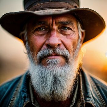 close up of a person wearing a hat and a jacket with a beard