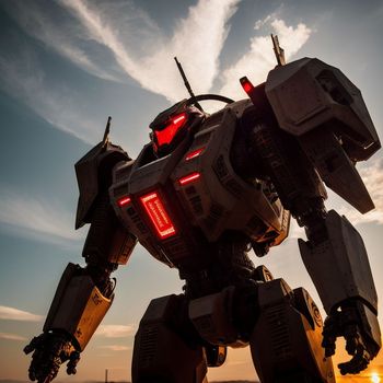 large robot standing in the middle of a field with a sunset in the background