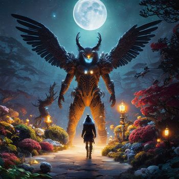 person standing in front of a giant demon with a full moon in the background