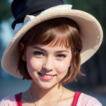 close up of a person wearing a hat with a smile on her face