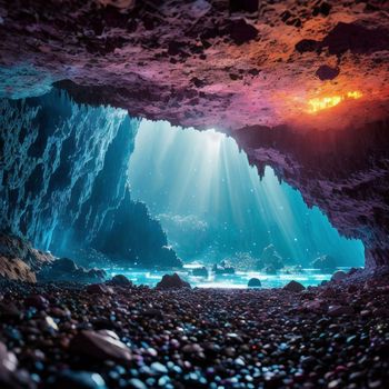 cave filled with lots of rocks under a sky filled with stars