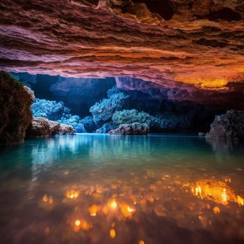 cave filled with lots of water and lots of lights on it