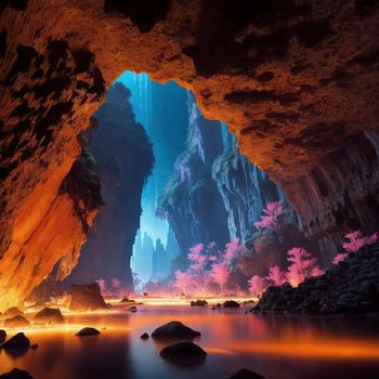 cave filled with lots of water surrounded by rocks and trees with pink flowers