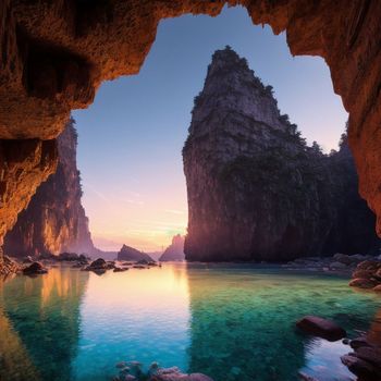 view of a body of water with a cave in the background