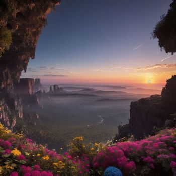 scenic view of a valley with flowers and mountains in the background