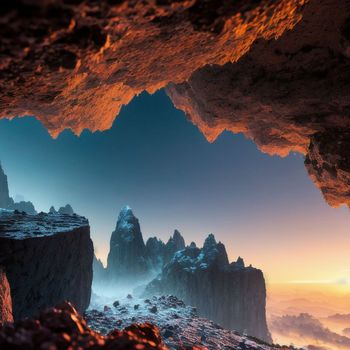 view of a cave with a mountain in the background at sunset