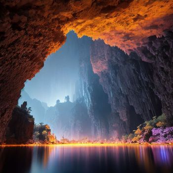 large cave with a body of water in front of it and a mountain in the background