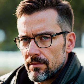 man with a goatee and glasses stares at the camera with a serious look on his face