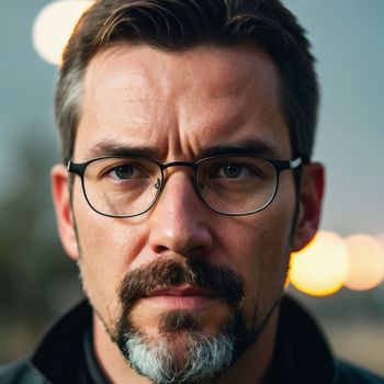 close up of a man wearing glasses and a black jacket with a blurry background