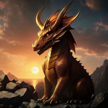 golden dragon statue sitting on top of a rock in front of a sunset