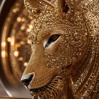 close up of a gold animal head on a table with a clock in the background