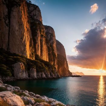 the sun is setting over a rocky cliff by the water's edge