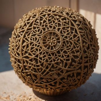 decorative ball sitting on top of a cement floor next to a wall