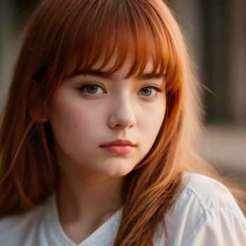 close up of a person with red hair and a white shirt
