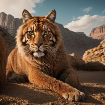 tiger laying on top of a dirt field next to a mountain