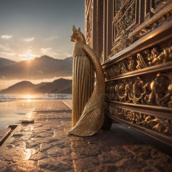 golden statue of a bird sitting on a ledge next to a body of water