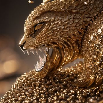 close up of a gold sculpture of a cat with its mouth open