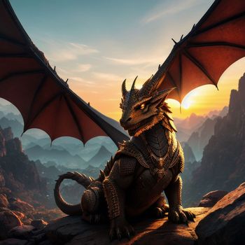 dragon sitting on top of a rock with its wings spread out