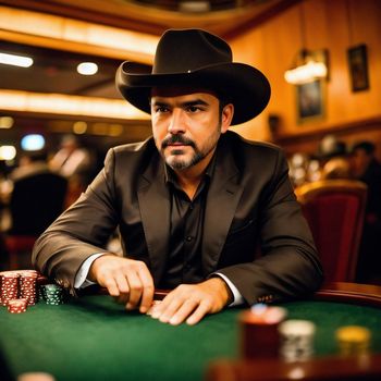 man in a cowboy hat sitting at a table with a poker chip