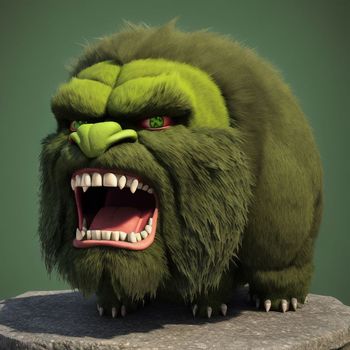 green monster with its mouth open and teeth wide open, sitting on top of a rock